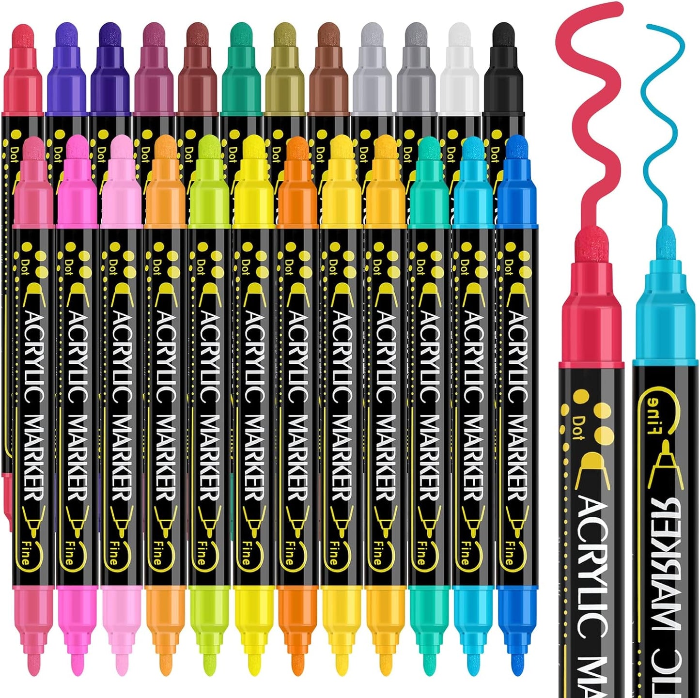Betem 24 Colors Dual Tip Acrylic Paint Pens Markers, for Wood, Canvas, Stone, Rock Painting, Glass