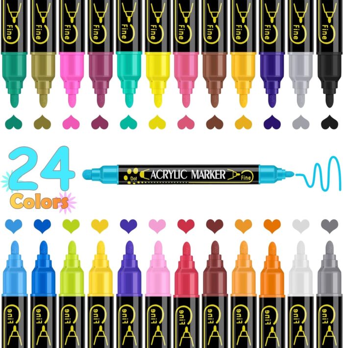 Betem 24 Colors Dual Tip Acrylic Paint Pens Markers, for Wood, Canvas, Stone, Rock Painting, Glass